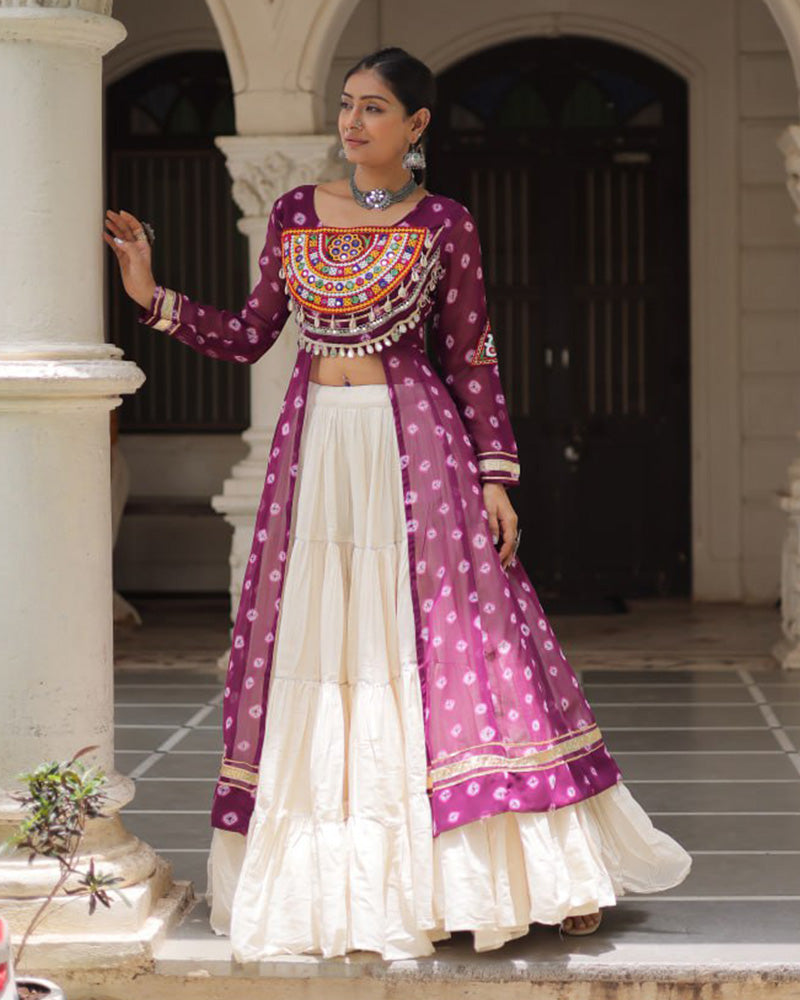 Purple Bandhani Print Kurti with Kora Cotton Lehenga for Women - ETHNICDEAL