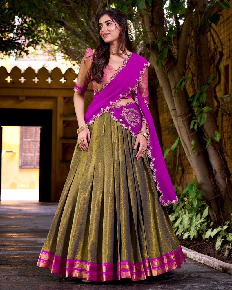 Traditional Mehndi Color Kanchipuram Zari Weaving Lehenga Choli for Wedding and Festive Wear - ETHNICDEAL