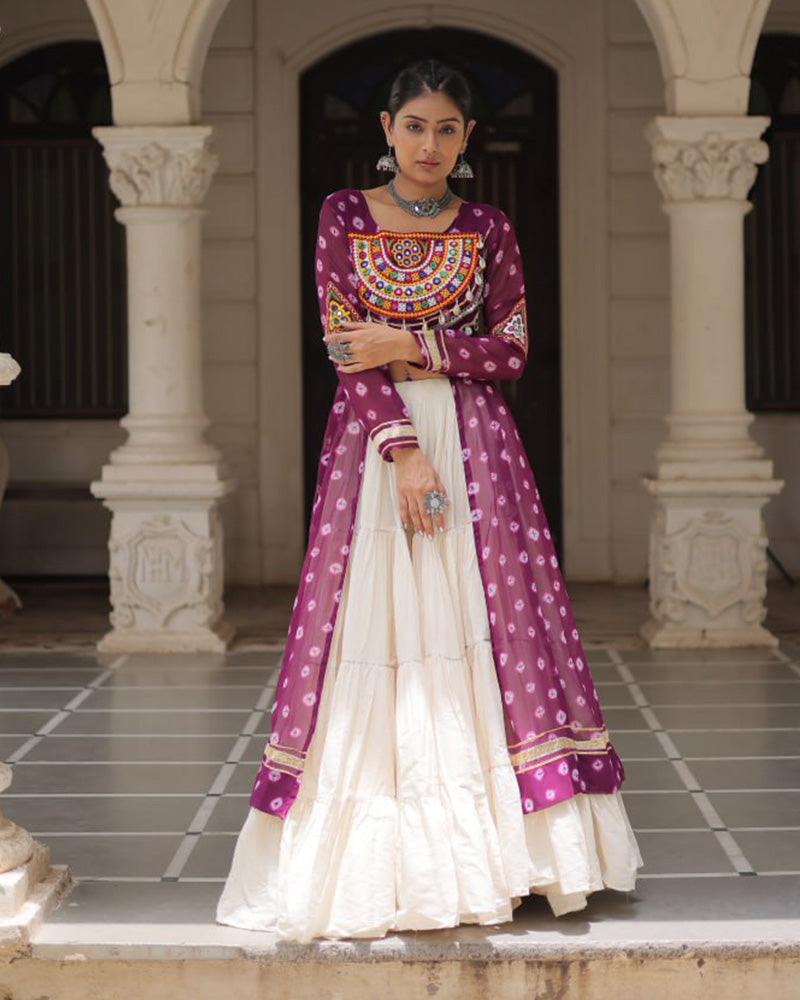 Purple Bandhani Print Kurti with Kora Cotton Lehenga for Women - ETHNICDEAL