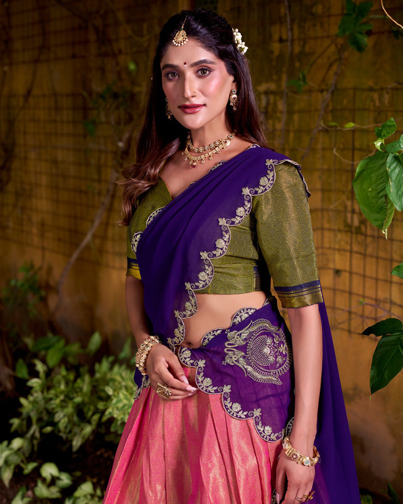 Designer Orange Kanchipuram Zari Weaving Silk Lehenga Choli for Women - ETHNICDEAL