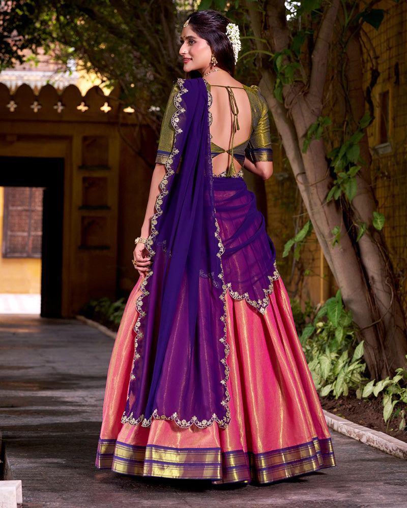 Designer Orange Kanchipuram Zari Weaving Silk Lehenga Choli for Women - ETHNICDEAL