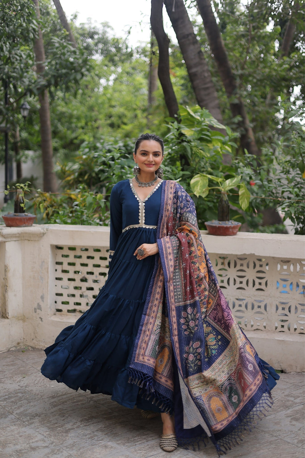 Beautiful Frill Stitching Designer Festival And Wedding Gown And Dupatta Set - ETHNICDEAL