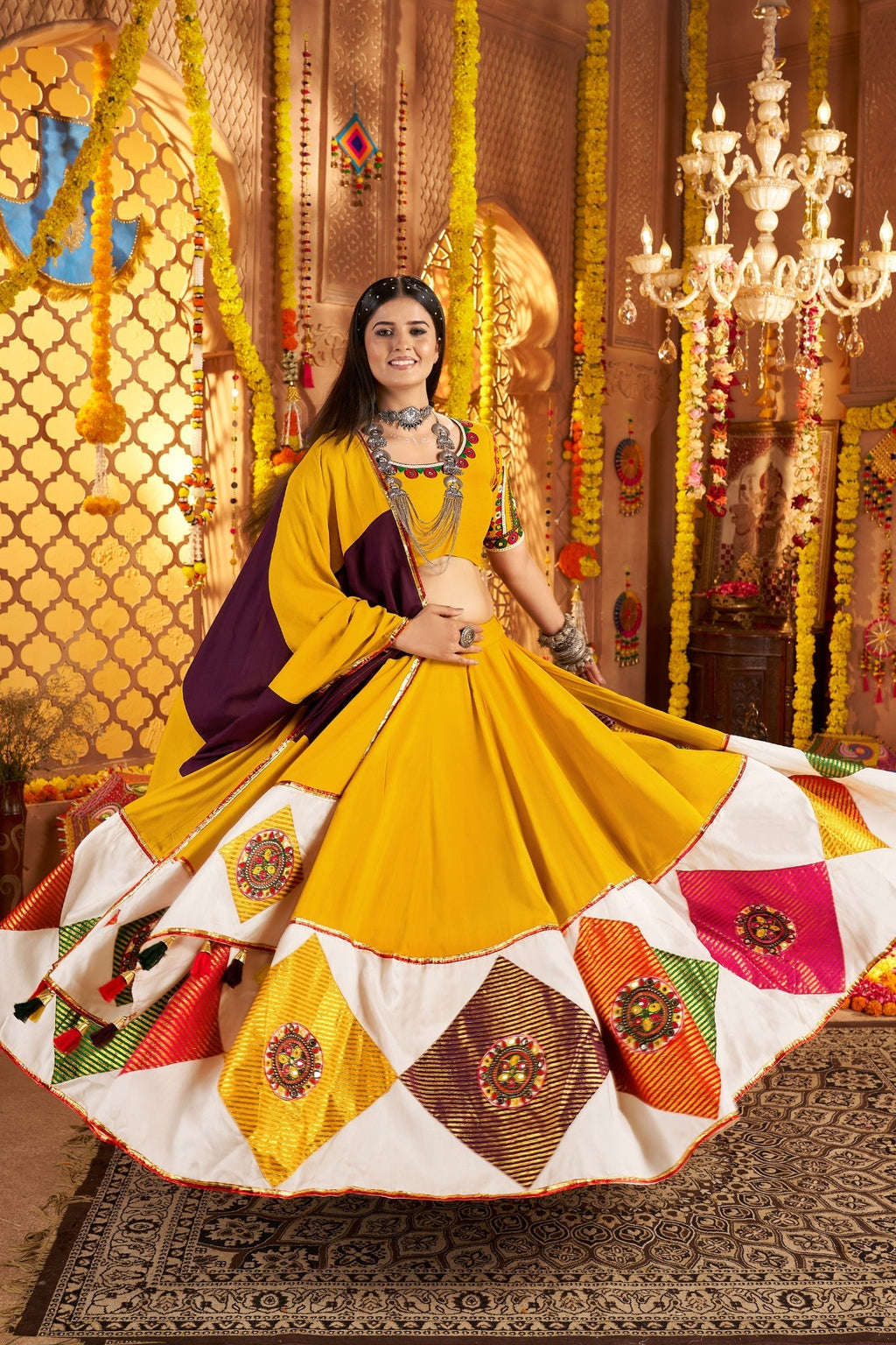 Mustard Yellow Viscose Cotton Traditional Designer Navratri Lehenga Choli - ETHNICDEAL