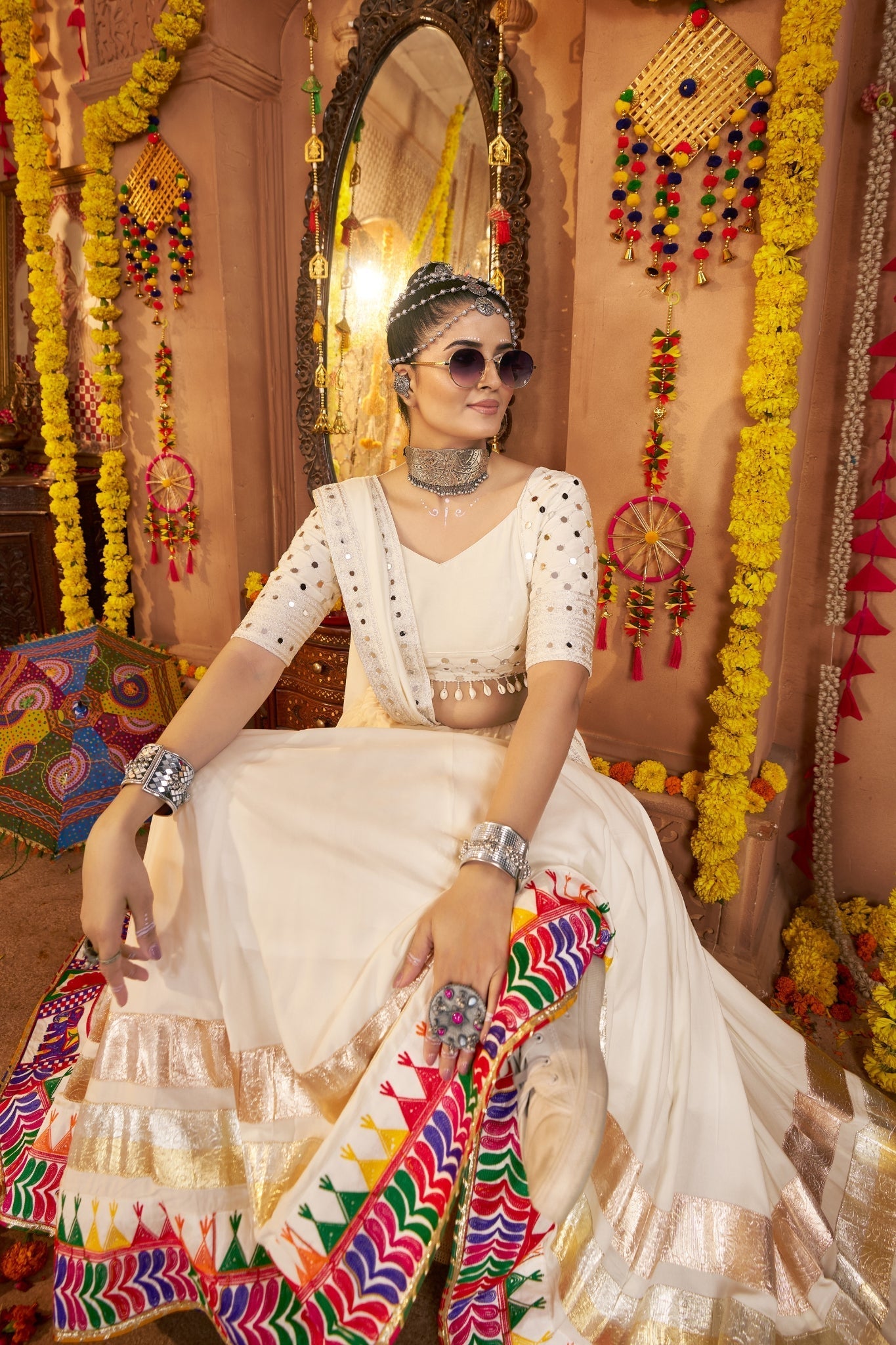 Viscose Rayon Thread Embroidered With Mirror Work Readymade Navratri Lehenga Choli - ETHNICDEAL