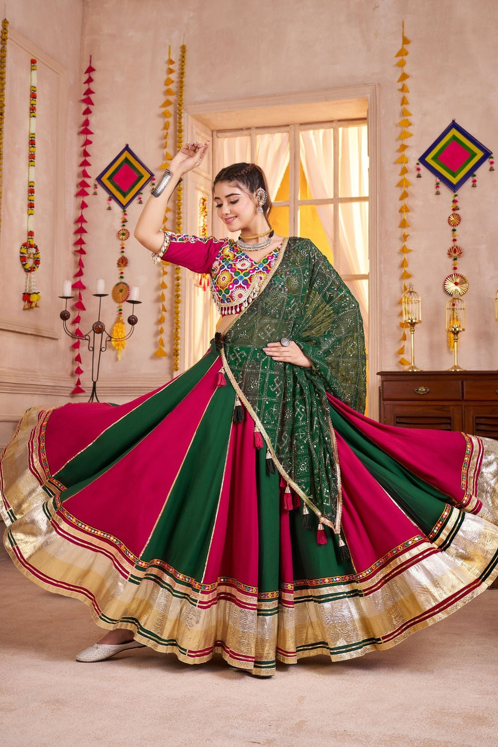 Multi Color Viscose Cotton Traditional Designer Navratri Lehenga Choli - ETHNICDEAL