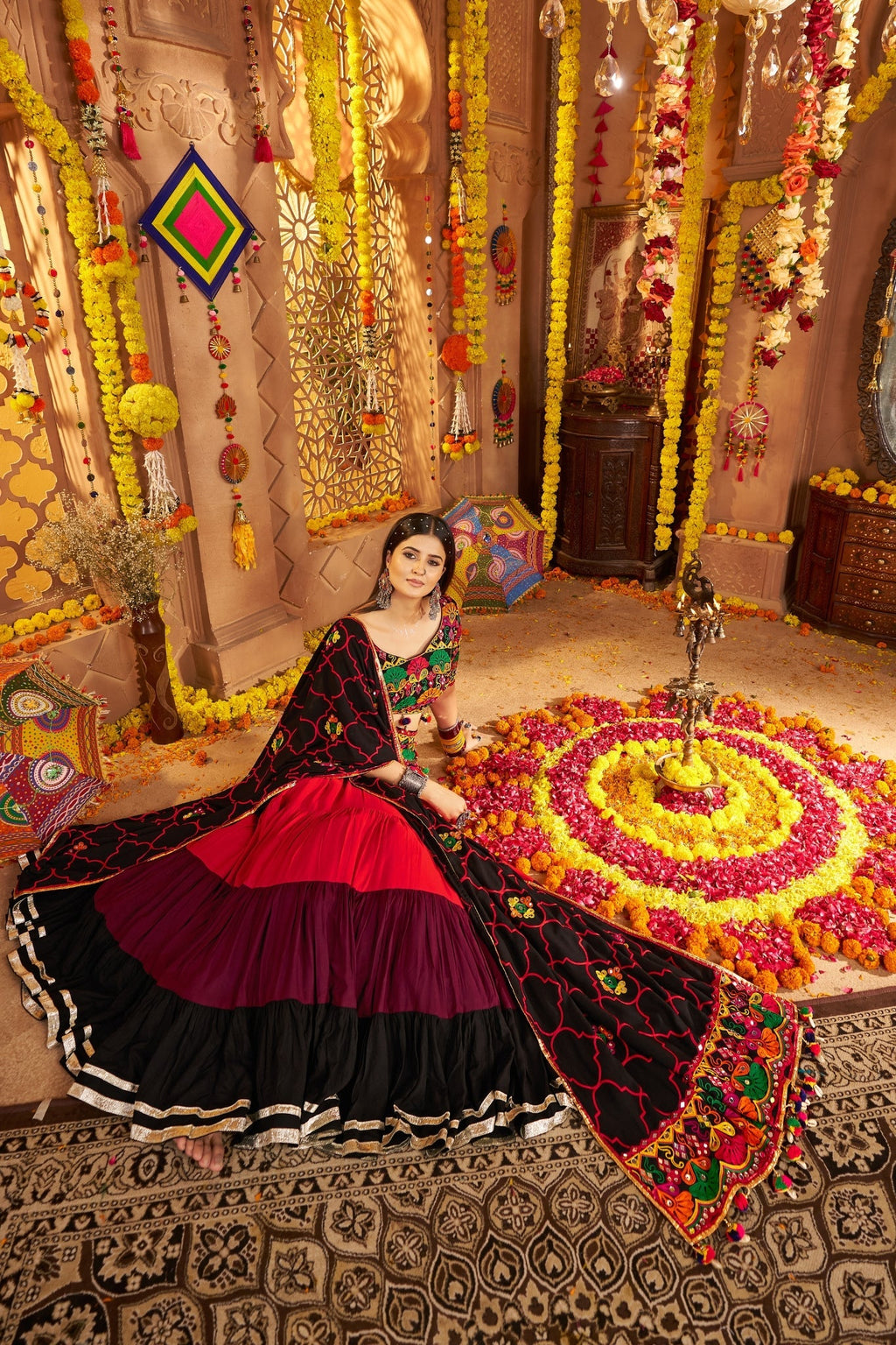 Festive Designer Viscose Cotton Multi Tread With Mirror Work Traditional Navratri Lehenga Choli - ETHNICDEAL