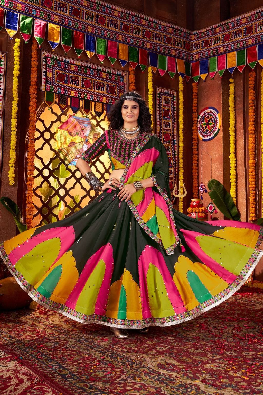 Designer Black Navratri Lehenga Choli Print With Mirror And Embroidery Work - ETHNICDEAL