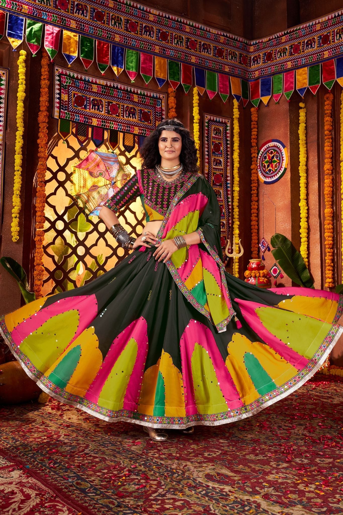 Designer Black Navratri Lehenga Choli Print With Mirror And Embroidery Work - ETHNICDEAL
