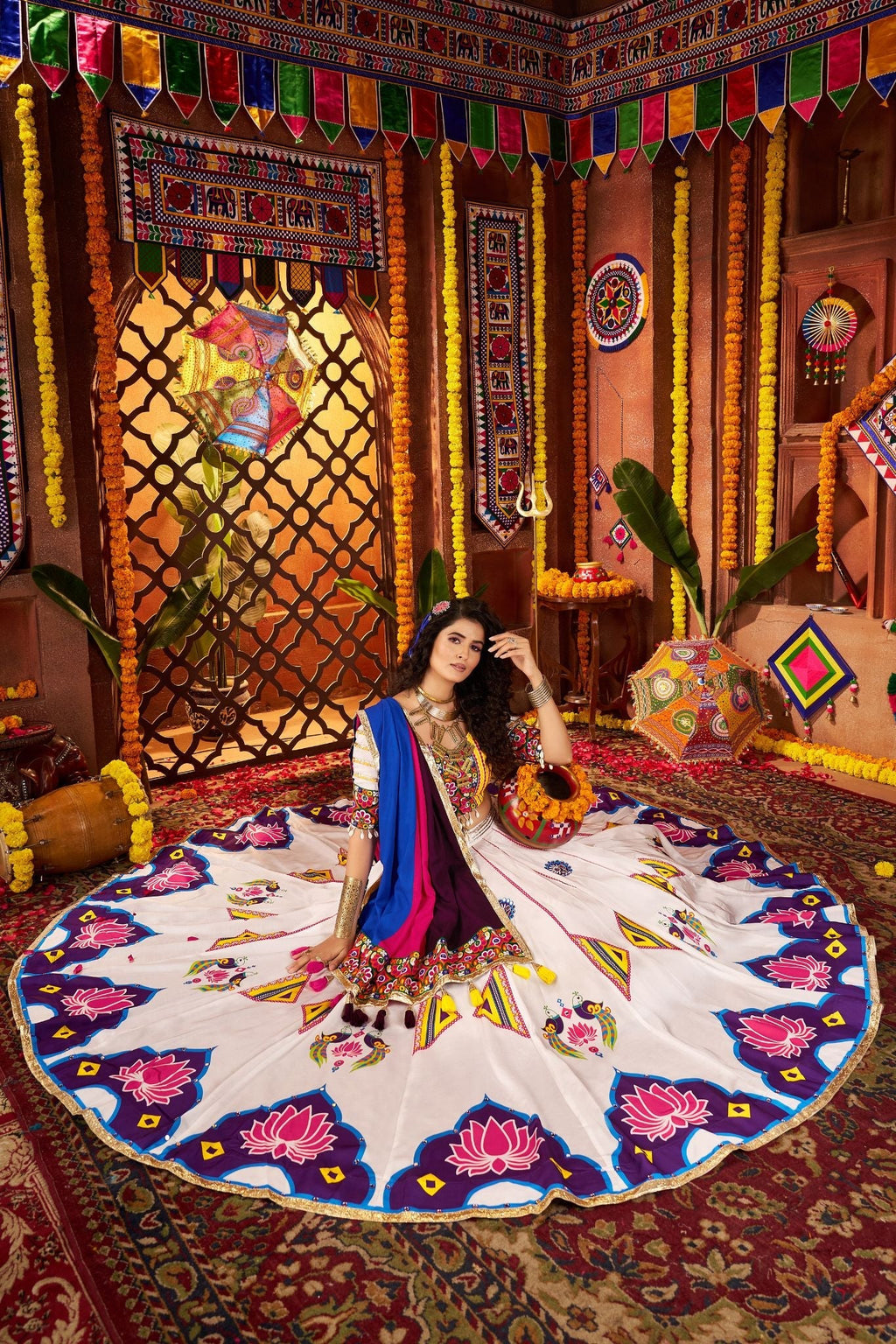 Designer White Navratri Lehenga Choli With Mirror And Hand Embroidery Work - ETHNICDEAL