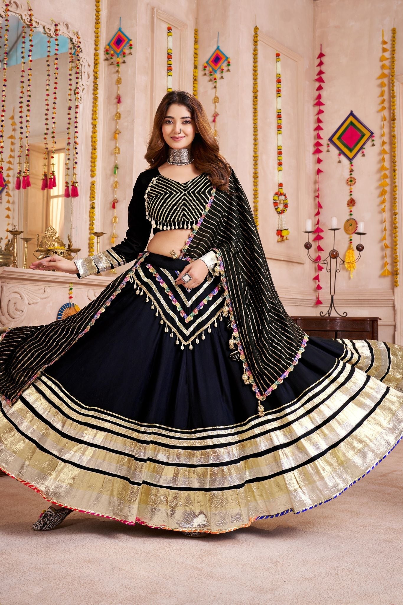 Black Handmade Designer Navratri Lehenga Choli With Jacquard Dupatta - ETHNICDEAL