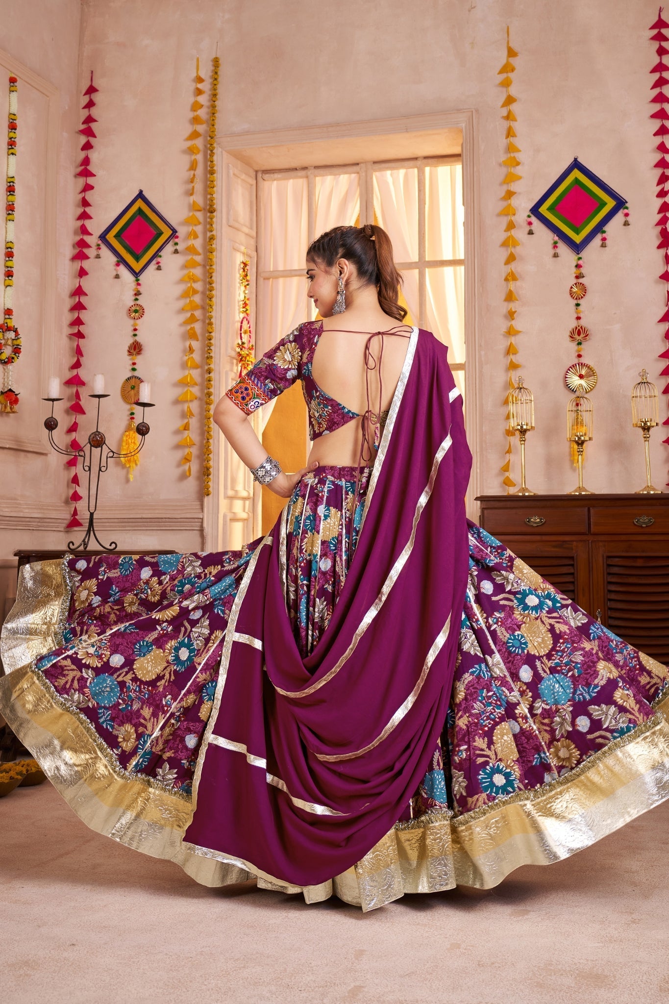 Purple Viscose Cotton Navratri Special Designer Lehenga Choli Set - ETHNICDEAL