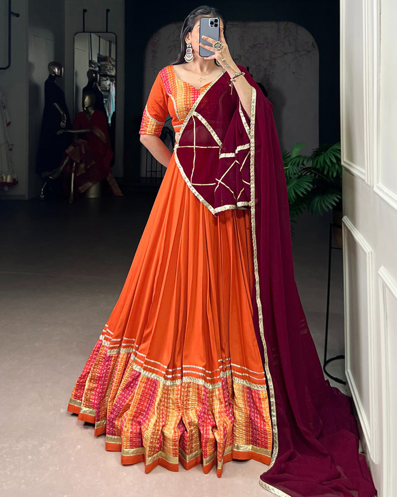 Orange Color Rayon Bnahdej Print Navratri Lehenga Choli - ETHNICDEAL