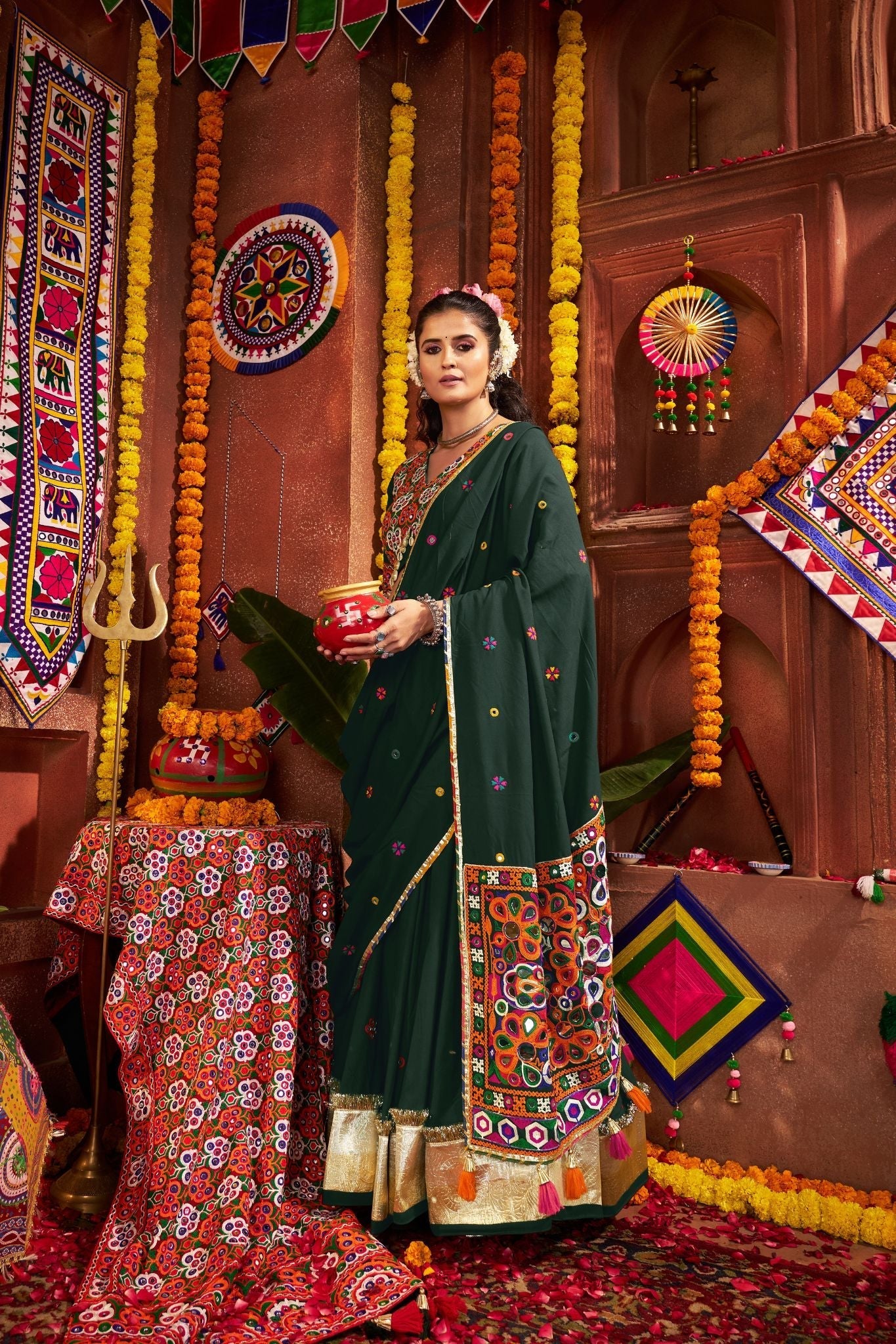 Premium Designer Green Viscose Cotton Thread With Mirror Work Navratri Lehenga Choli - ETHNICDEAL