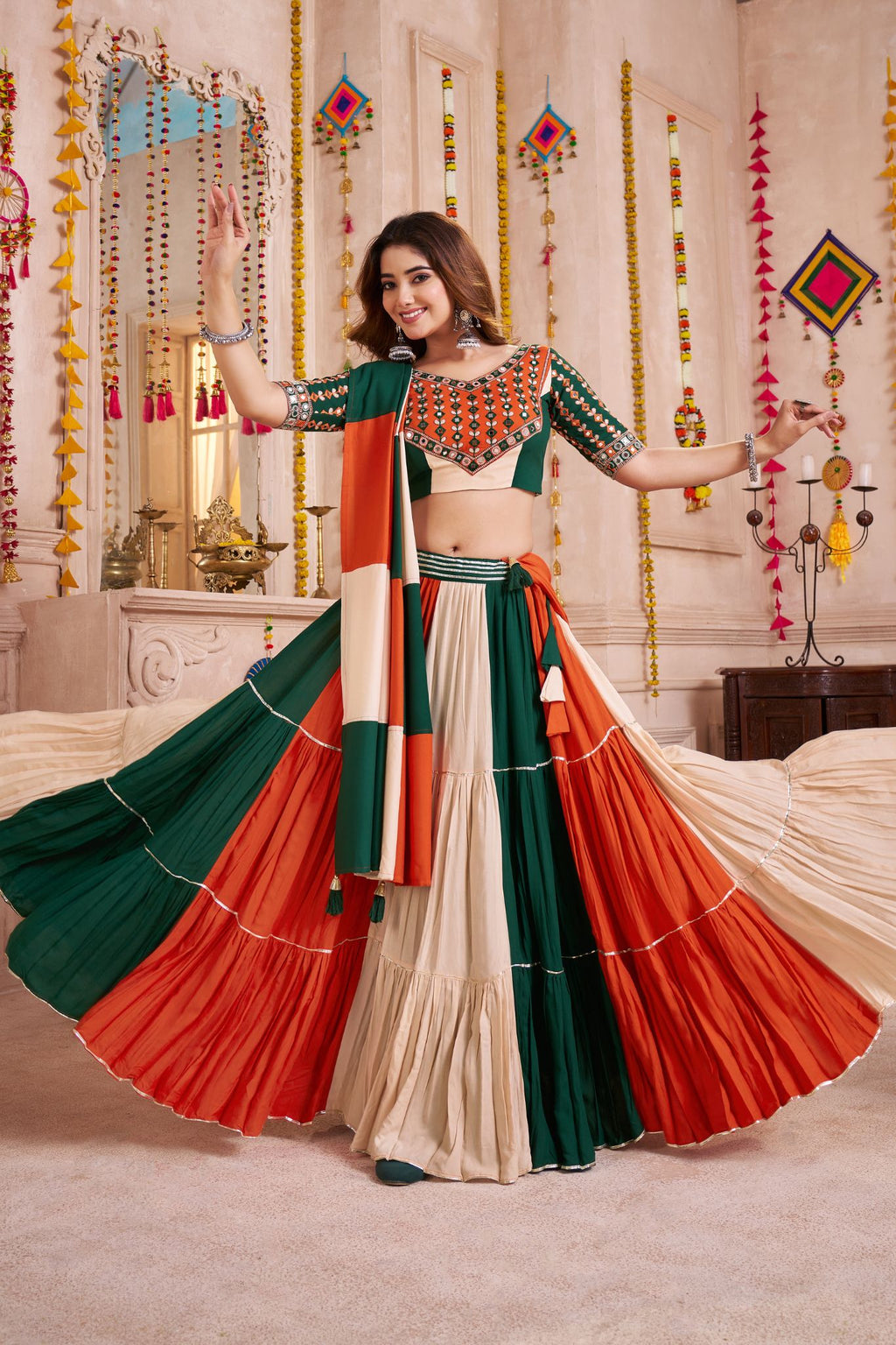 Multi Color Frill And Flair Concept Designer Navratri Lehenga Choli - ETHNICDEAL