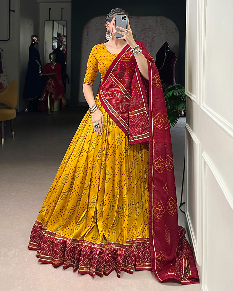 Yellow Tussar Silk Bandhej Lehenga Choli for Navratri Festival Wear - ETHNICDEAL