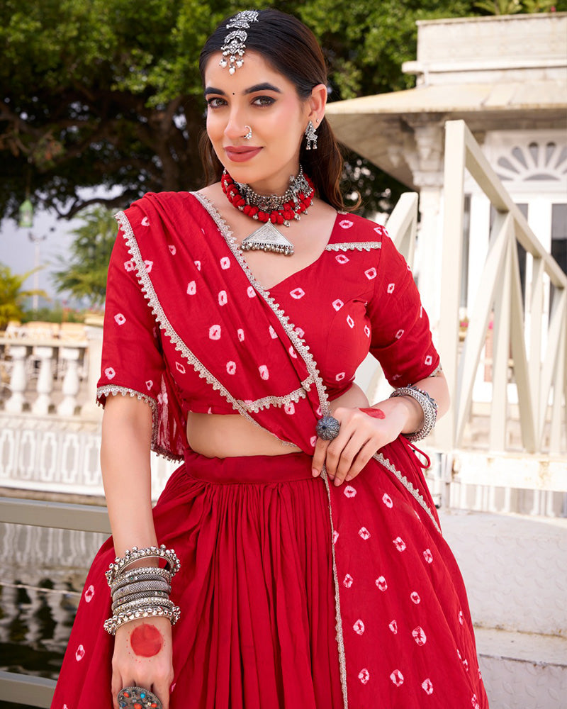 Spellbinding Red Color Pure Chanderi Plain Navratri Lehenga choli - ETHNICDEAL