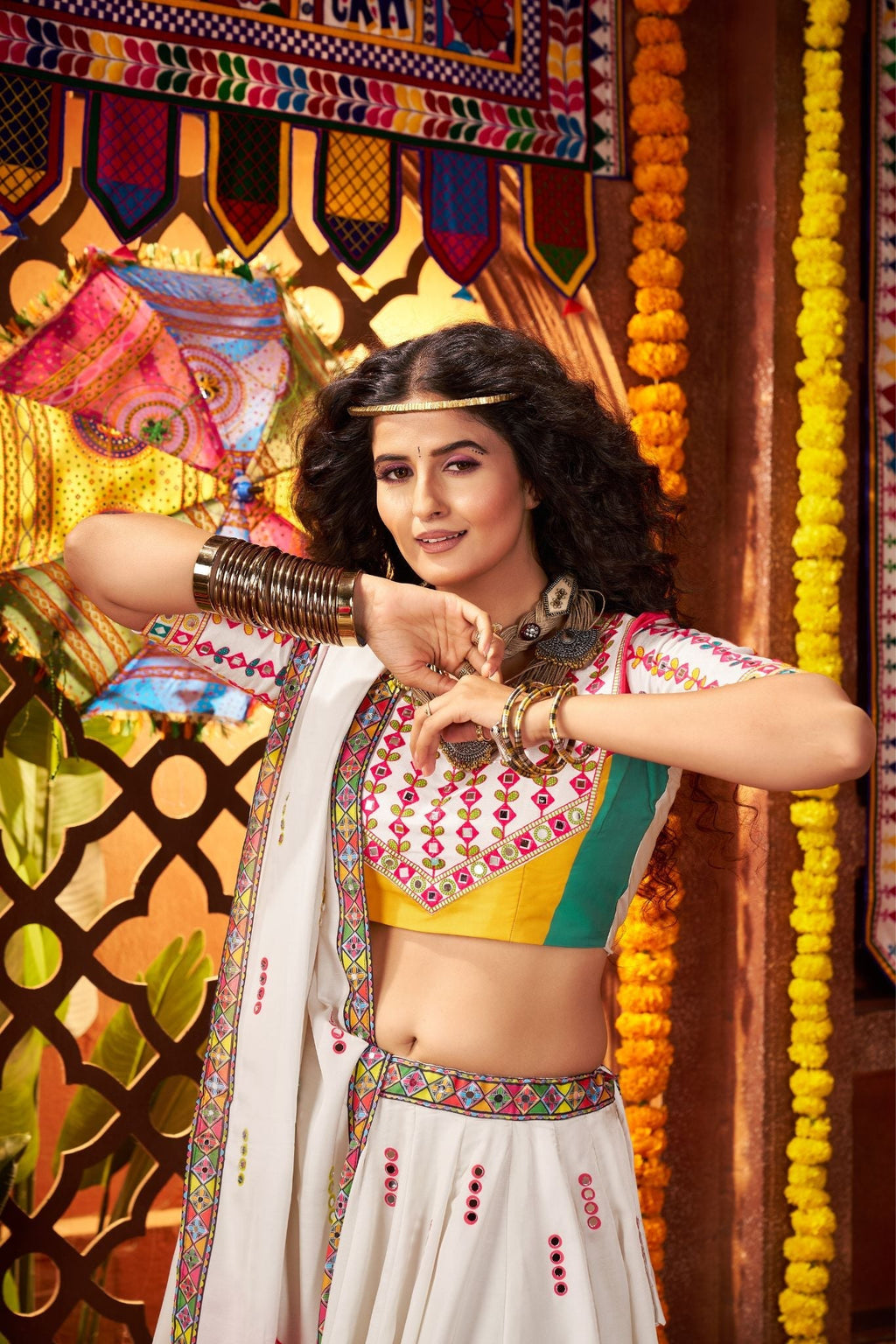 Designer White Lehenga Choli For Navratri With Mirror And Hand Embroidery Work - ETHNICDEAL