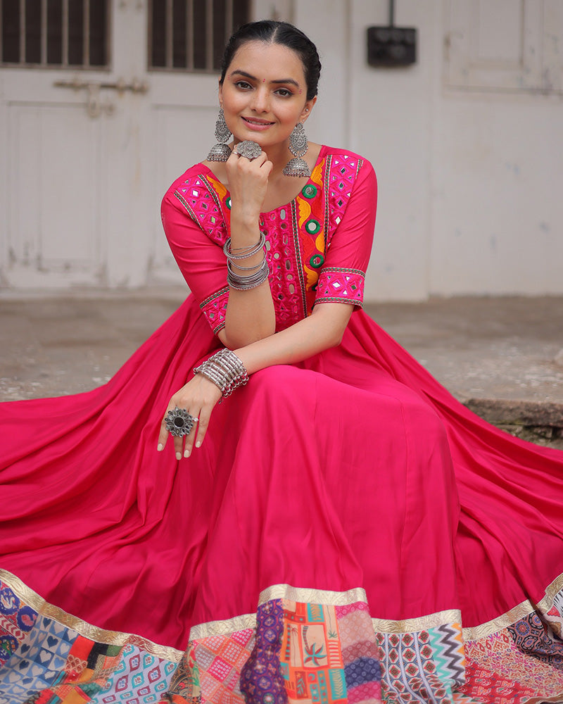 Colorful Border Pink Color Roman Silk Gamthi Work Navratri Gown - ETHNICDEAL