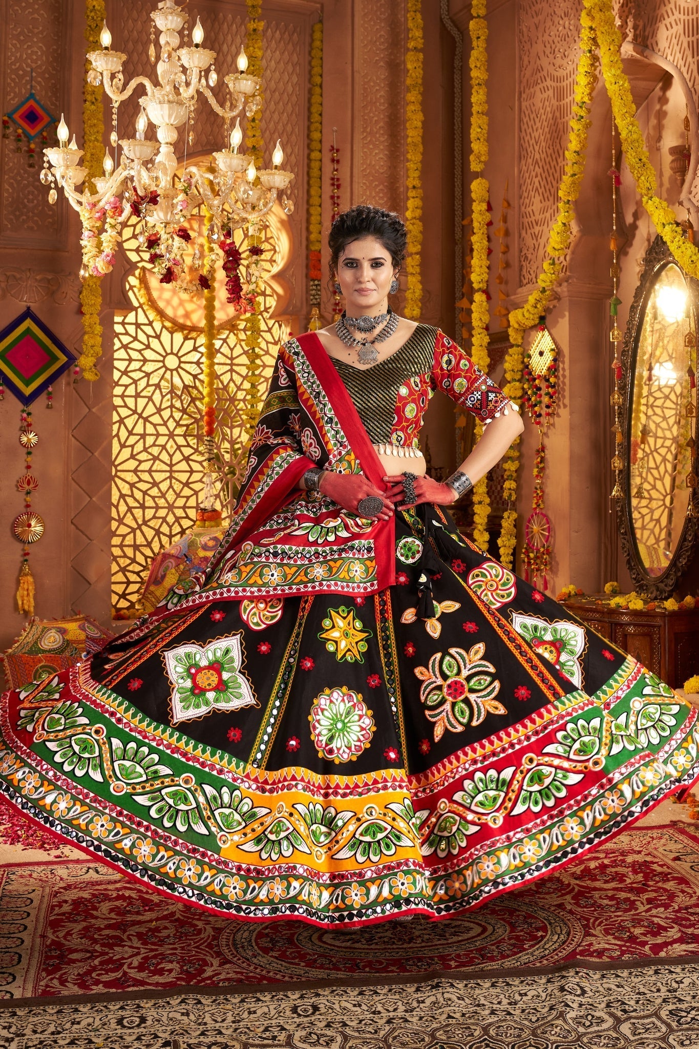 Black Designer Organic Cotton Stylish Navratri Lehenga Choli Set - ETHNICDEAL