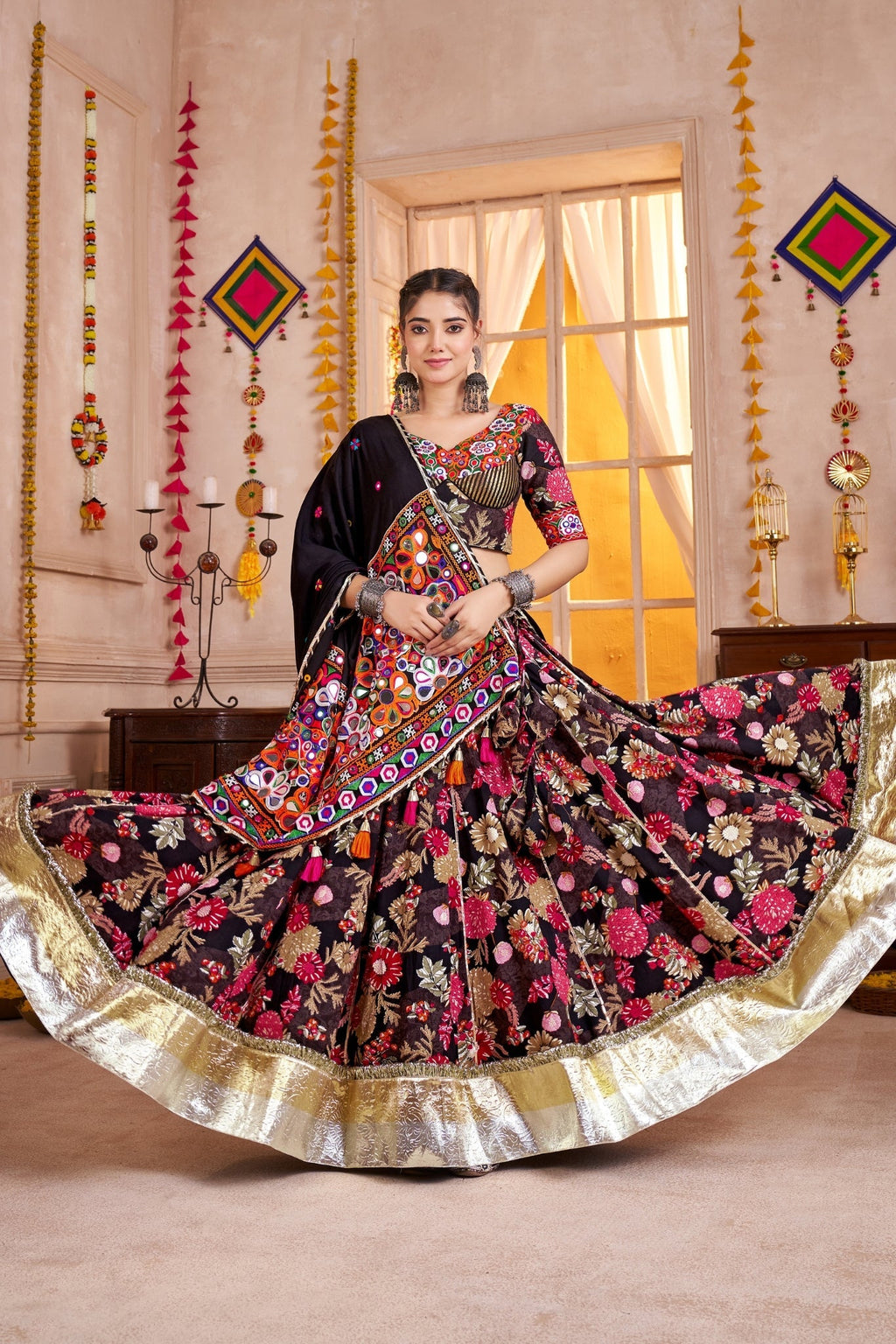 Black Kutchi Patch Work Viscose Cotton Designer Lehenga Choli - ETHNICDEAL