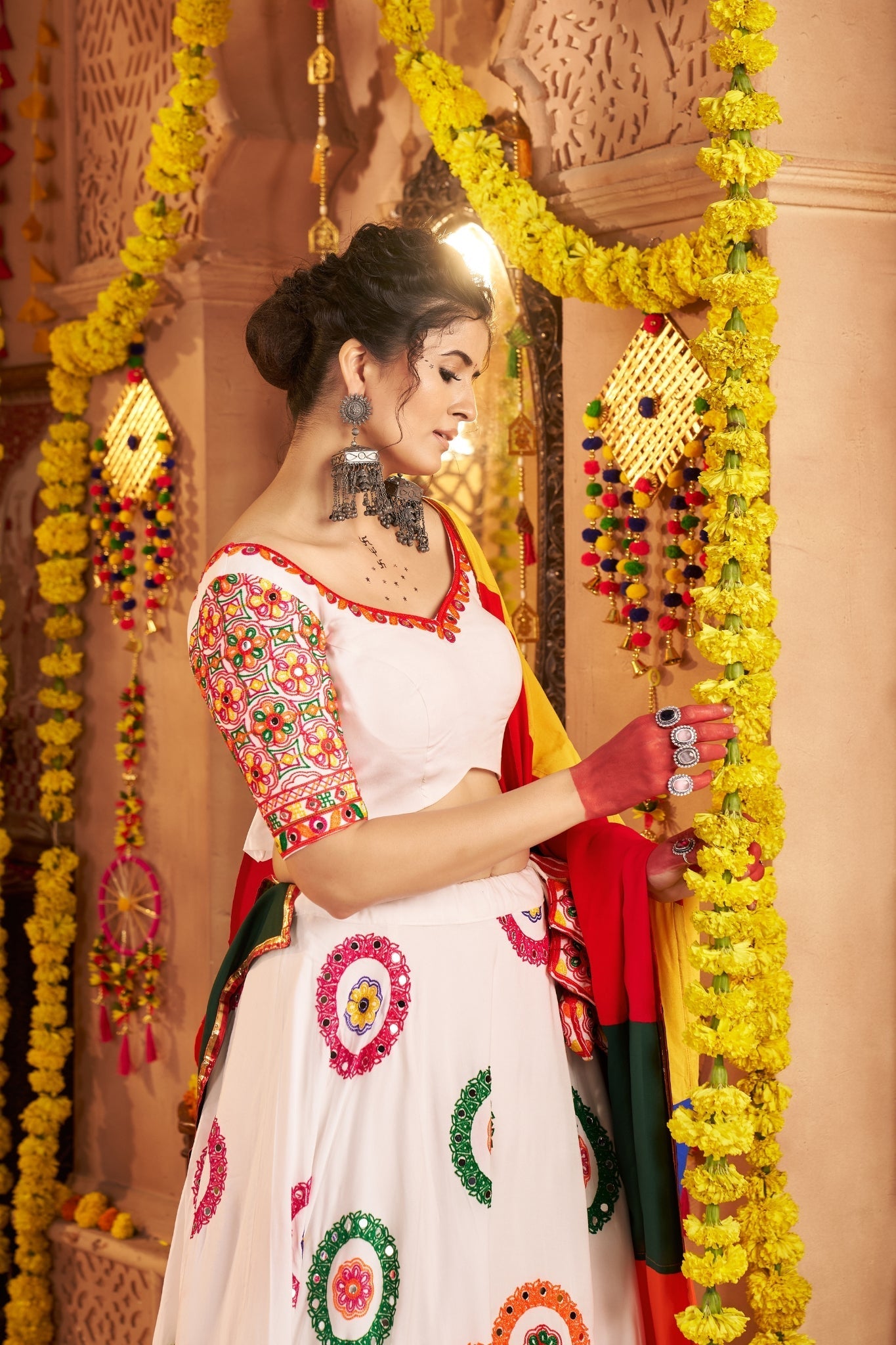 Viscose Cotton Elegant Thread Embroidered With Mirror Work Traditional Navratri Lehenga Choli - ETHNICDEAL