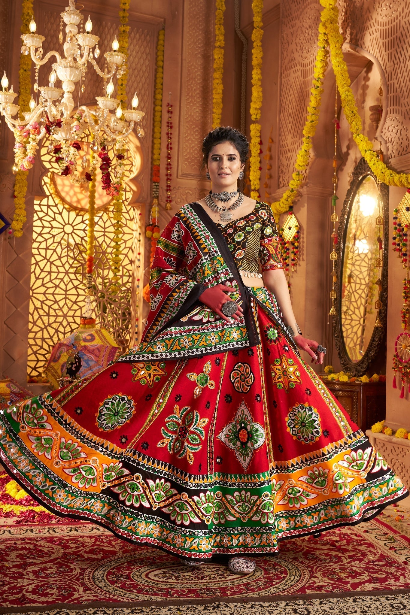 Maroon Organic Cotton Designer Navratri Lehenga Choli Set - ETHNICDEAL