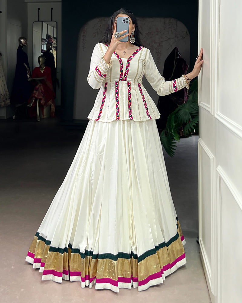 White Pure Rayon Embossed Navratri Lehenga Choli for Women - ETHNICDEAL