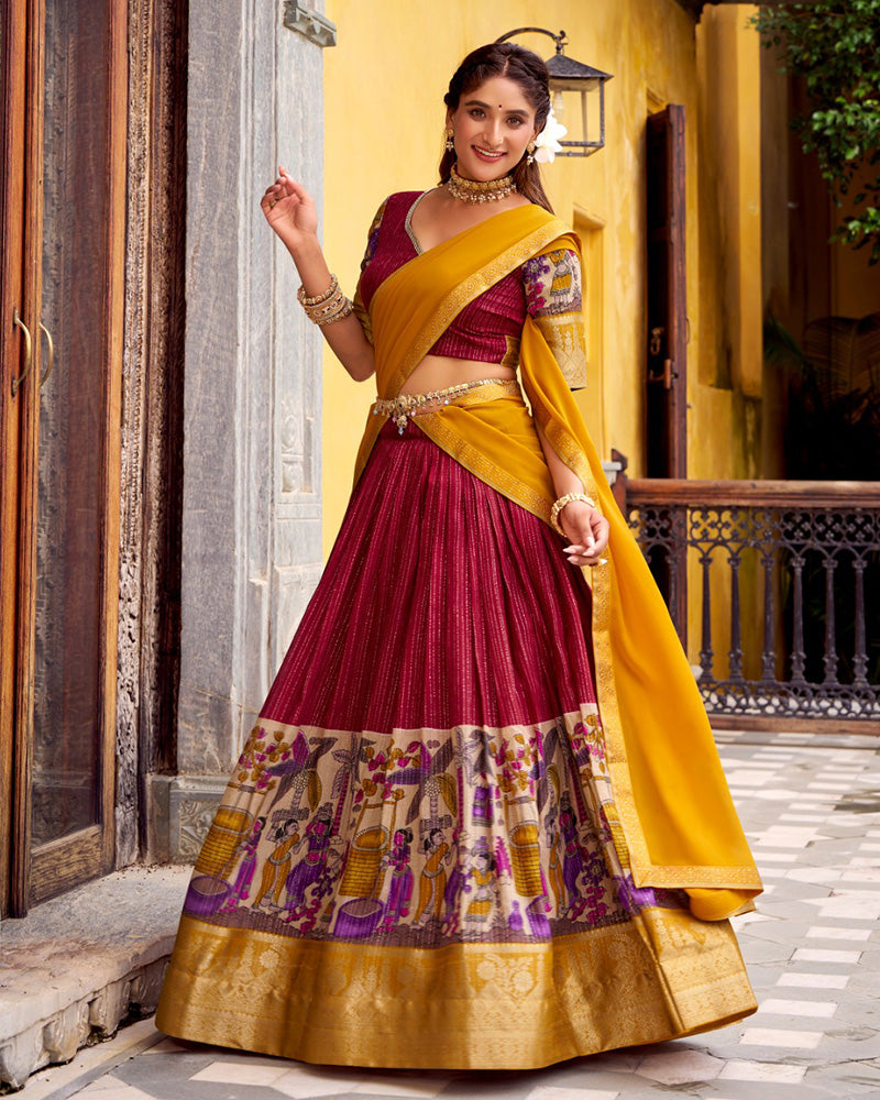 Red Color Poly Chanderi Printed Designer Lehenga Choli - ETHNICDEAL