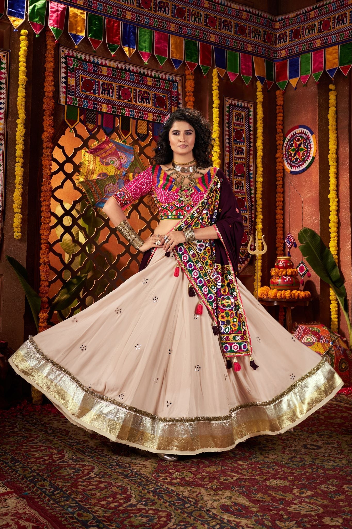 Navratri Special Kutchi Mirror Work Beige Lehenga Choli In Viscose Cotton - ETHNICDEAL