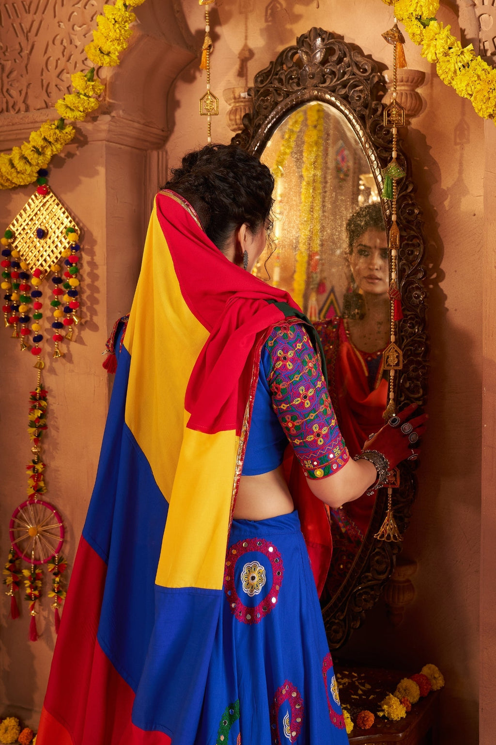 Viscose Cotton Elegant Thread Embroidered With Mirror Work Traditional Navratri Lehenga Choli - ETHNICDEAL