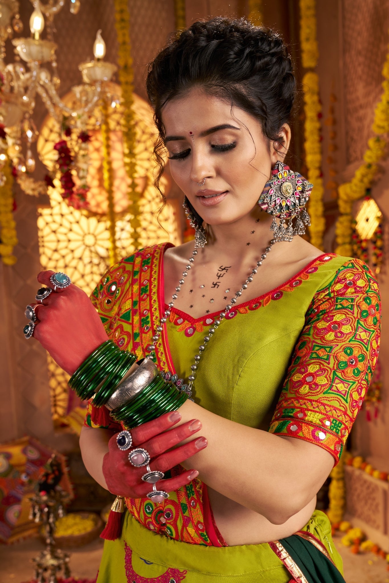 Viscose Cotton Elegant Thread Embroidered With Mirror Work Traditional Navratri Lehenga Choli - ETHNICDEAL