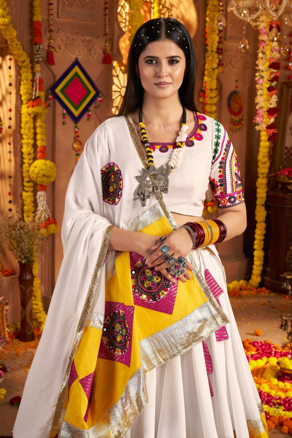 White Vibrant Spirit Navratri Designer Beautiful Lehenga Choli Set - ETHNICDEAL