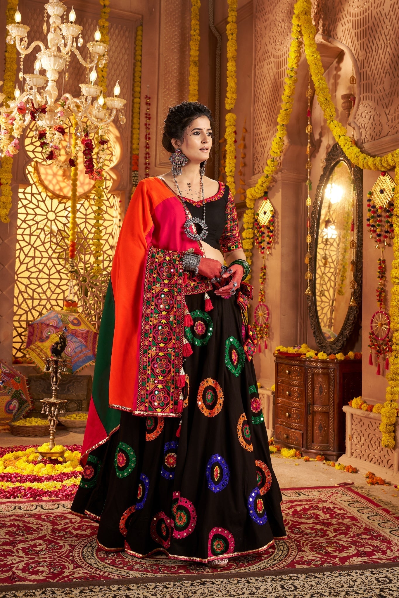 Viscose Cotton Elegant Thread Embroidered With Mirror Work Traditional Navratri Lehenga Choli - ETHNICDEAL