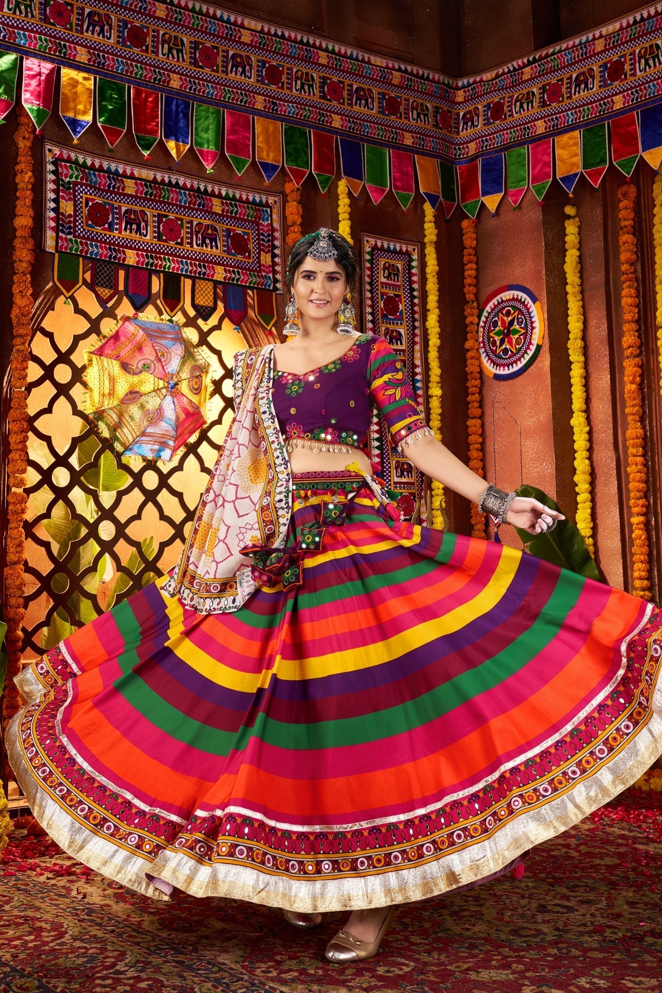 Multi Color Muslin Designer Stunning Print With Mirror Work Navratri Lehenga Choli - ETHNICDEAL
