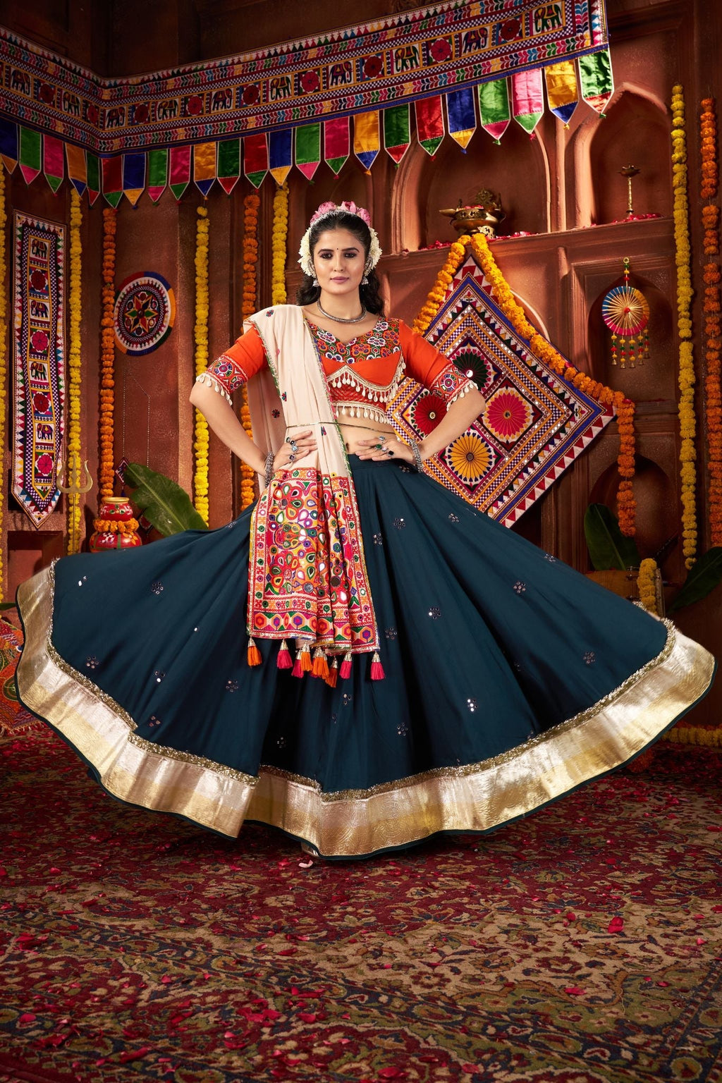 Teal Blue Designer Festive Lehenga Choli In Viscose Cotton And Perfect For Dandiya Nights - ETHNICDEAL