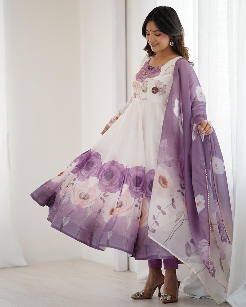 Violet Color Floral Pure Soft Tebby Organza Three Piece Anarkali Suit - ETHNICDEAL