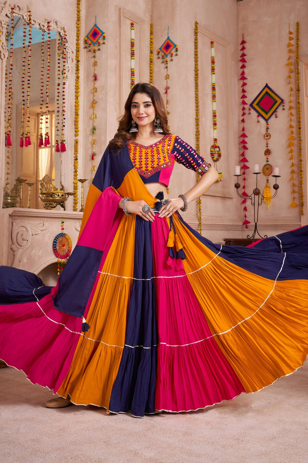 Beautiful Colorful Crafted Viscose Cotton Graceful Twirl Navratri Lehenga Choli - ETHNICDEAL