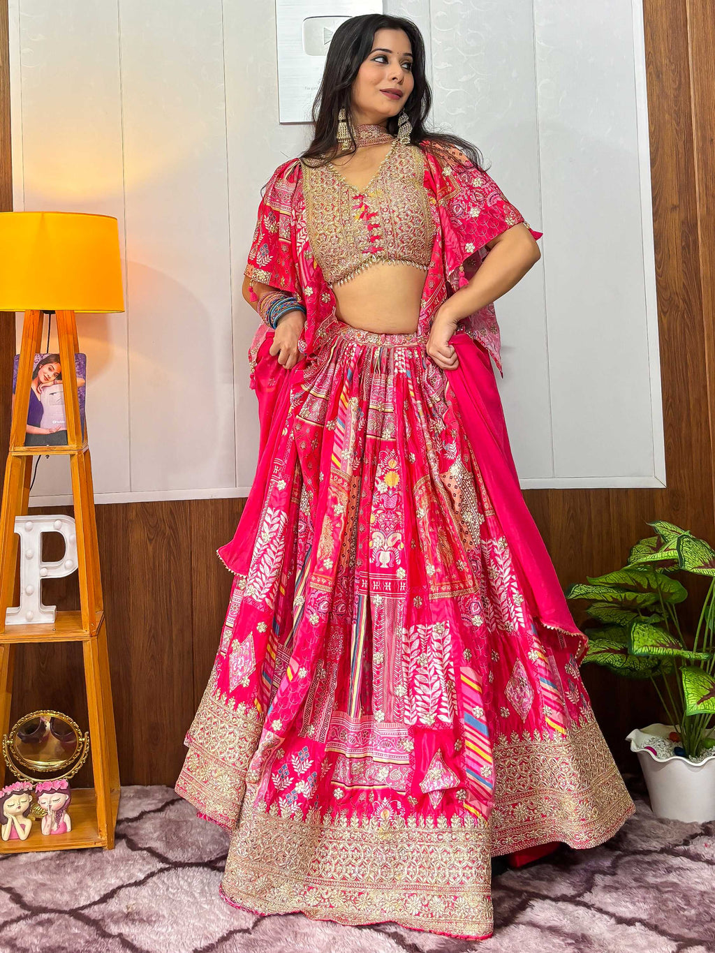 Alluring Pink Digital Printed Chinon Sangeet Wear Lehenga Choli With Dupatta