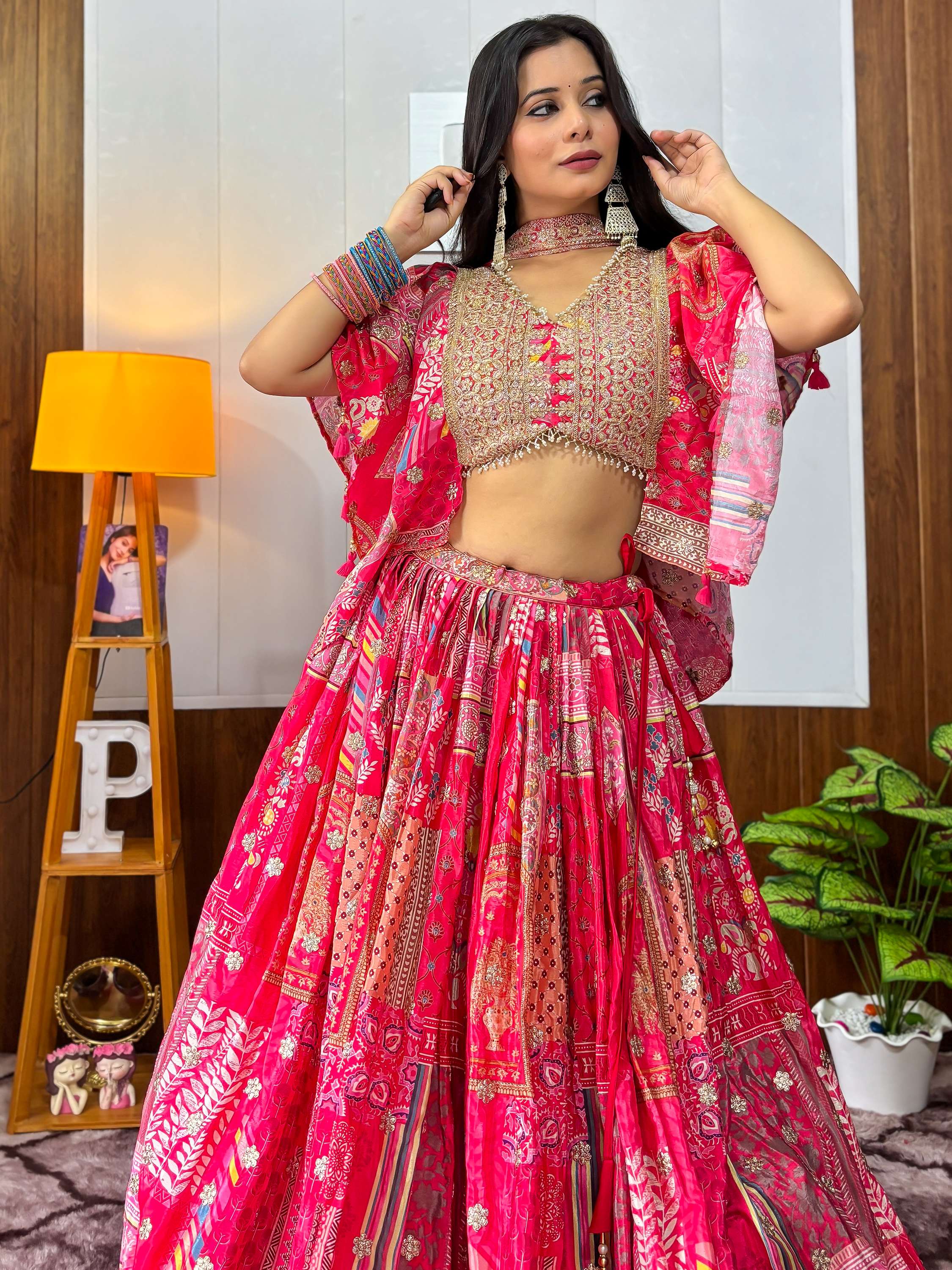 Alluring Pink Digital Printed Chinon Sangeet Wear Lehenga Choli With Dupatta