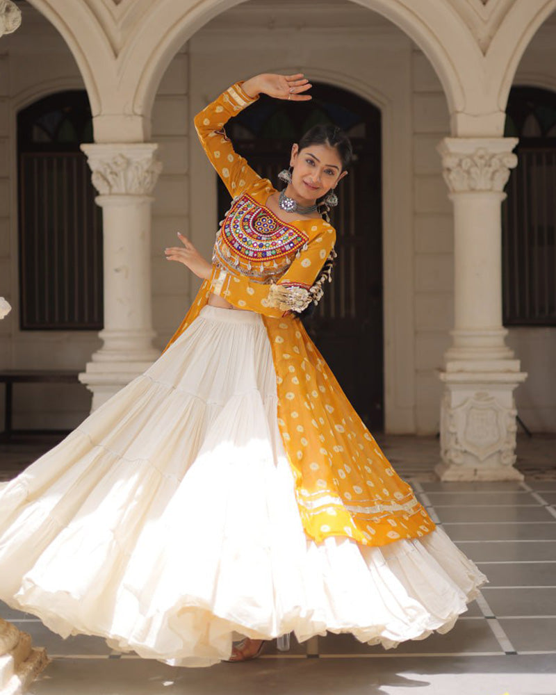 Designer Yellow Bandhani Print Kurti with Cotton Lehenga For Festive Wear - ETHNICDEAL