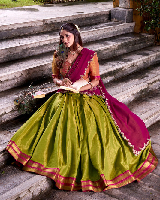 Designer Parrot Green Kanchipuram Zari Weaving Lehenga Choli for Women - ETHNICDEAL