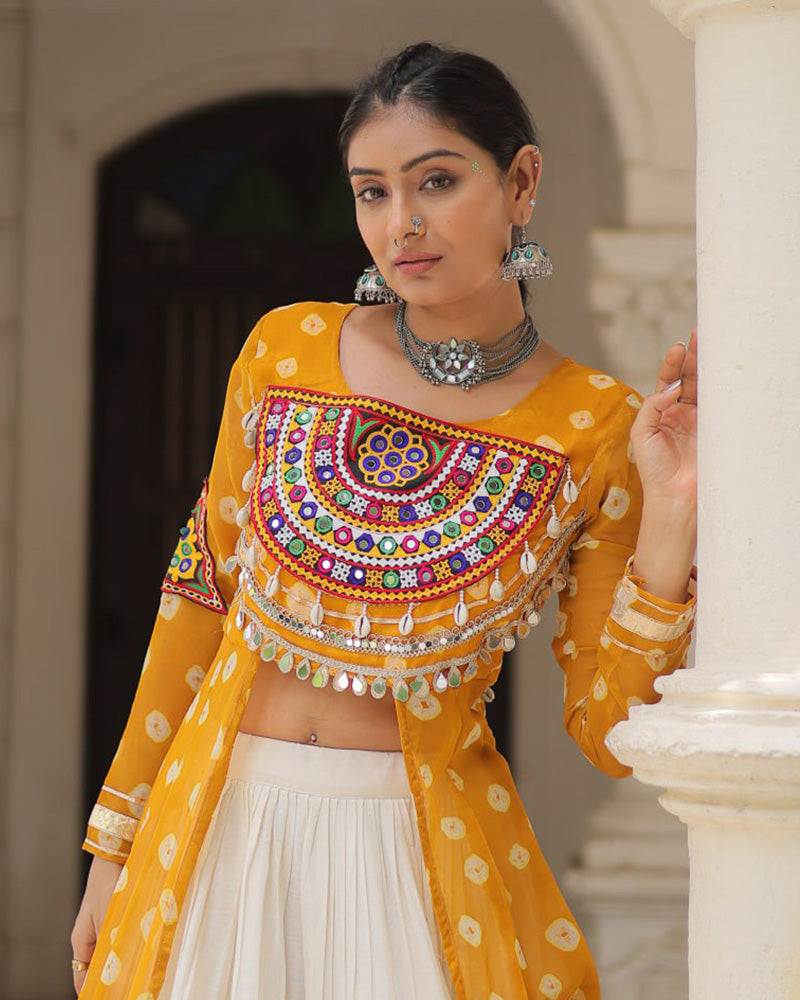 Designer Yellow Bandhani Print Kurti with Cotton Lehenga For Festive Wear - ETHNICDEAL