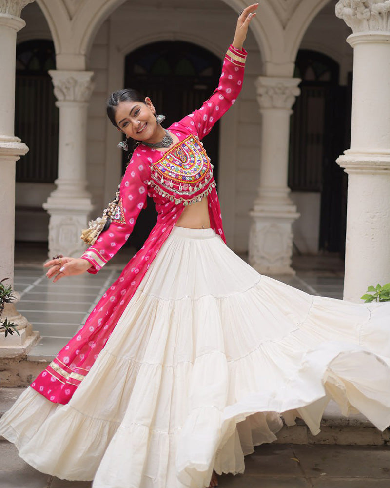 Pink Bandhani Print Kurti with Kora Cotton Lehenga for Women - ETHNICDEAL