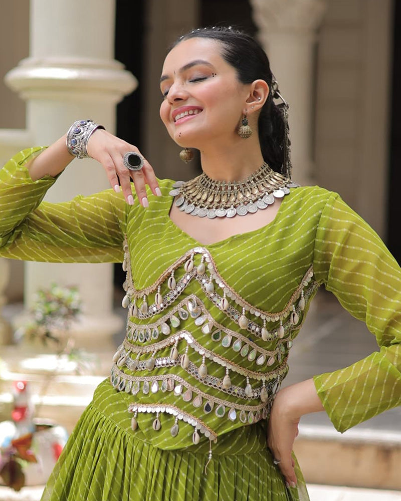 Parrot Green Color Soft Georgette Navratri Lehenga Choli - ETHNICDEAL