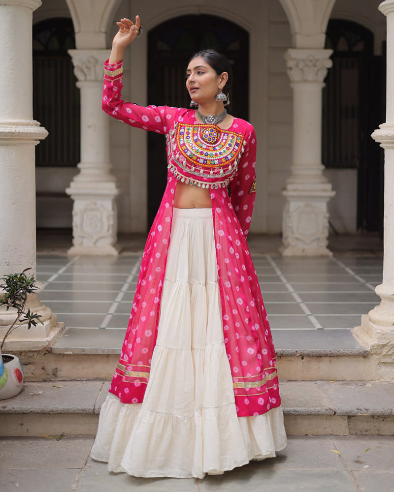 Pink Bandhani Print Kurti with Kora Cotton Lehenga for Women - ETHNICDEAL