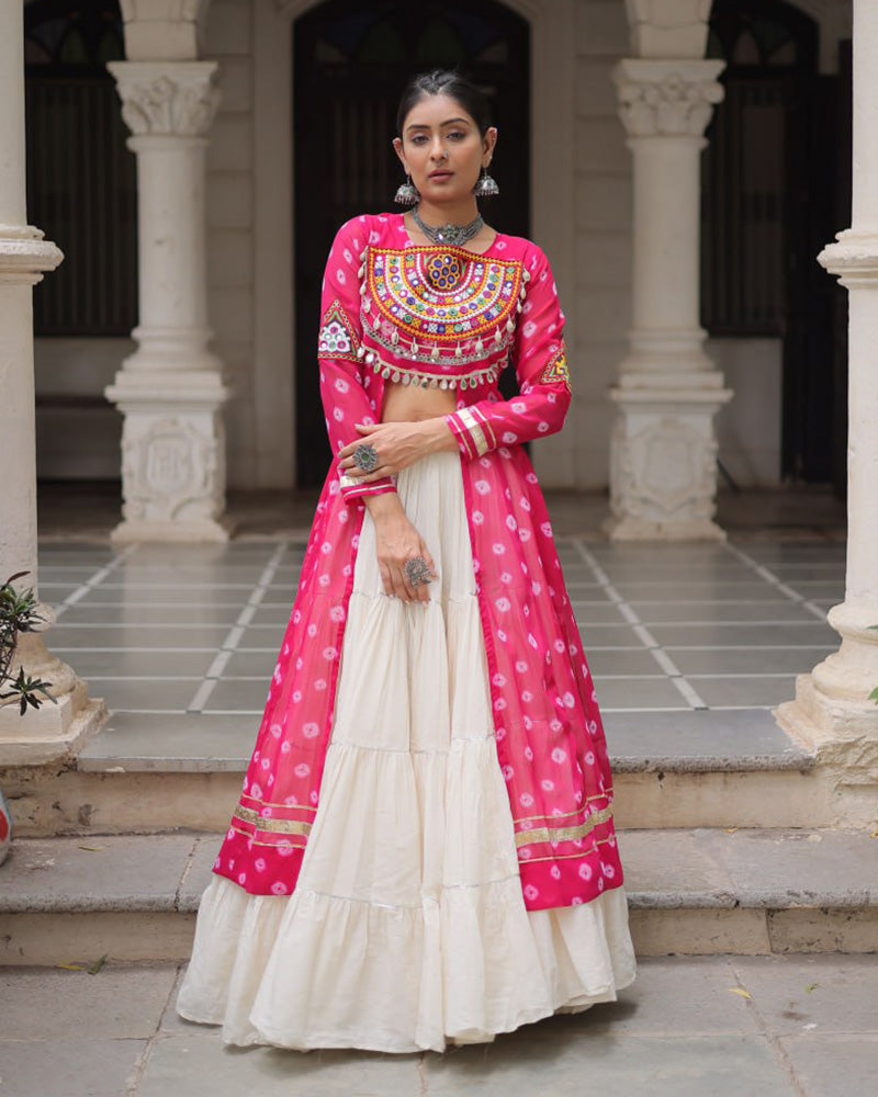 Pink Bandhani Print Kurti with Kora Cotton Lehenga for Women - ETHNICDEAL