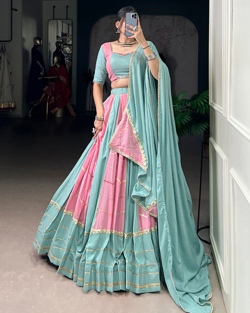 Elegant Dual-Tone Sky And Light Pink Navtratri Lehenga Choli - ETHNICDEAL