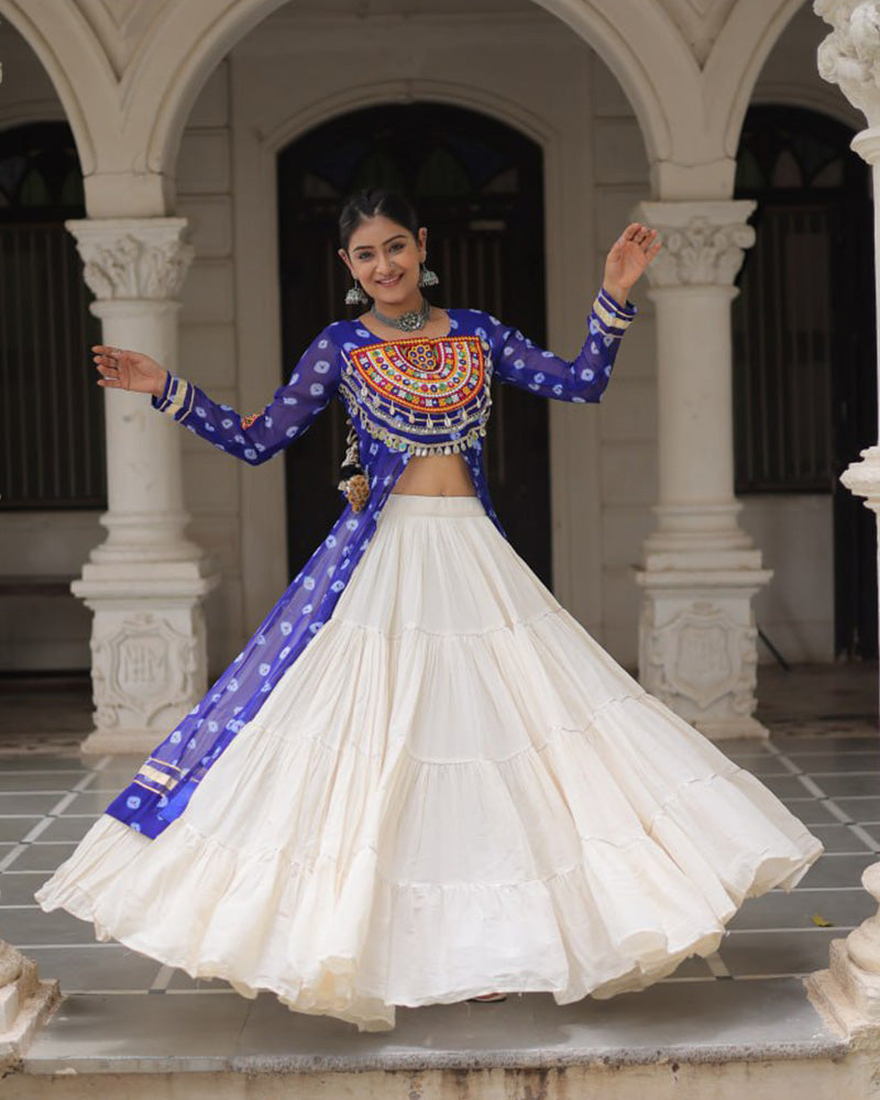 Blue Bandhani Print Kurti with Kora Cotton Lehenga for Women - ETHNICDEAL