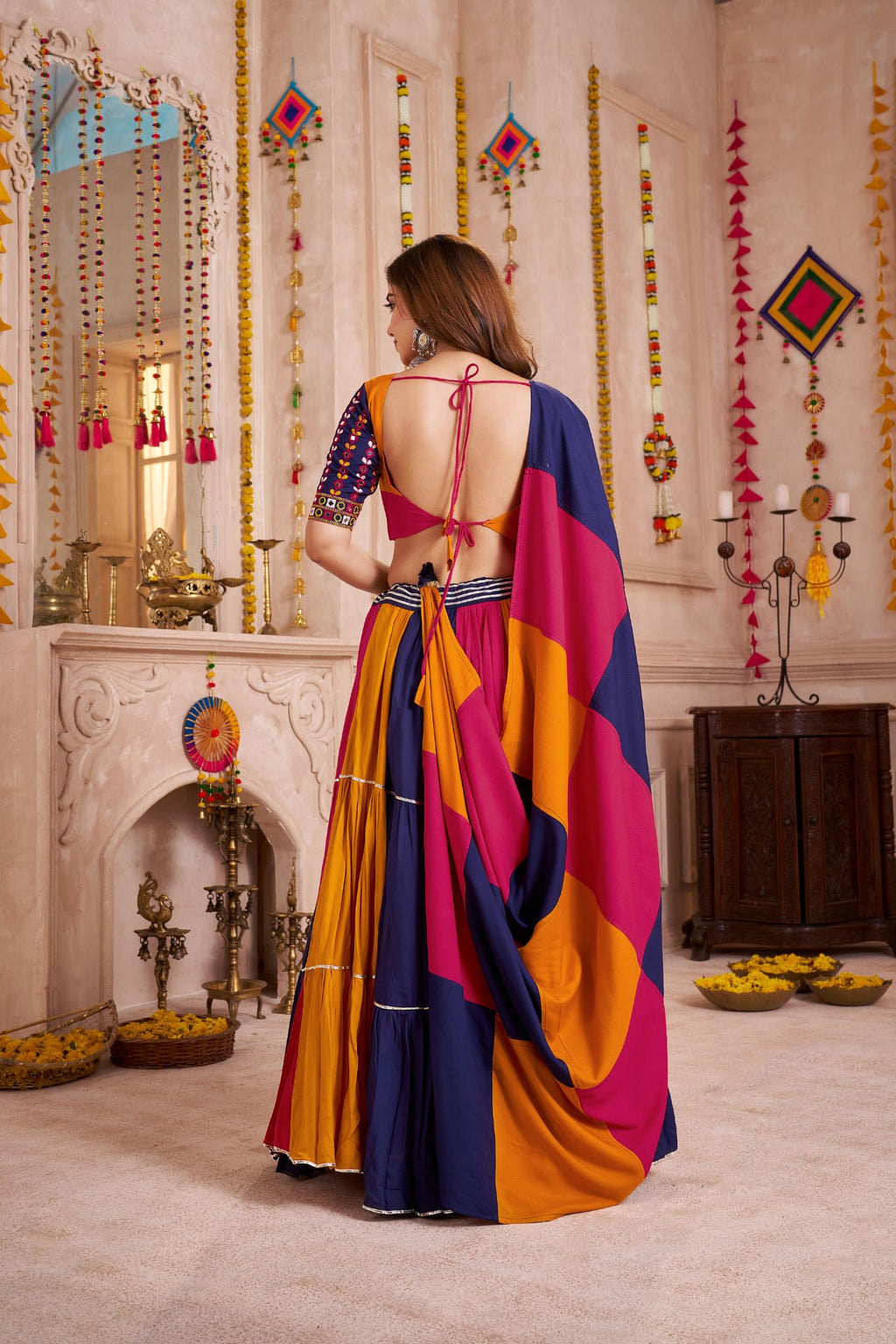 Beautiful Colorful Crafted Viscose Cotton Graceful Twirl Navratri Lehenga Choli - ETHNICDEAL