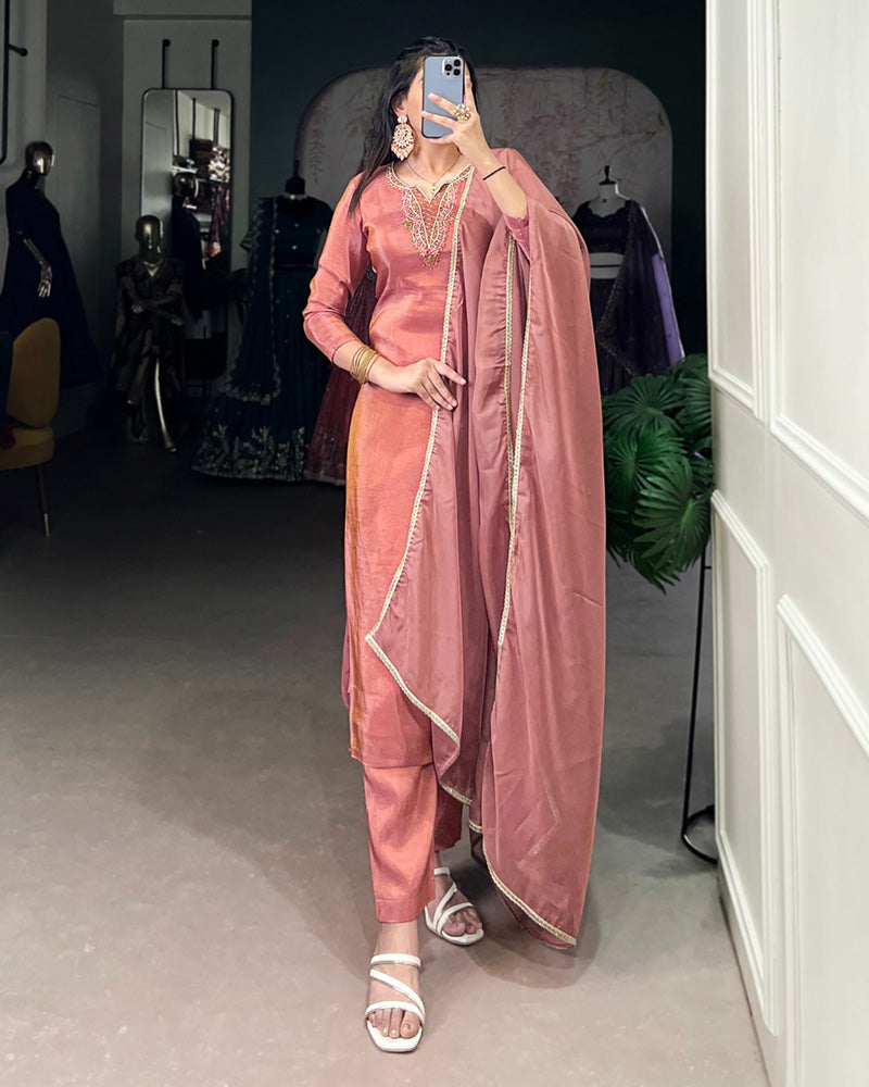 Peach Color Viscose Tissue Three Piece Kurti Suit - ETHNICDEAL